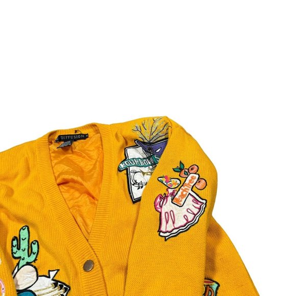 Vintage 90s IB Diffusion Yellow Knit Lined Cardigan Sweater Patch-Detail - Picture 5 of 13